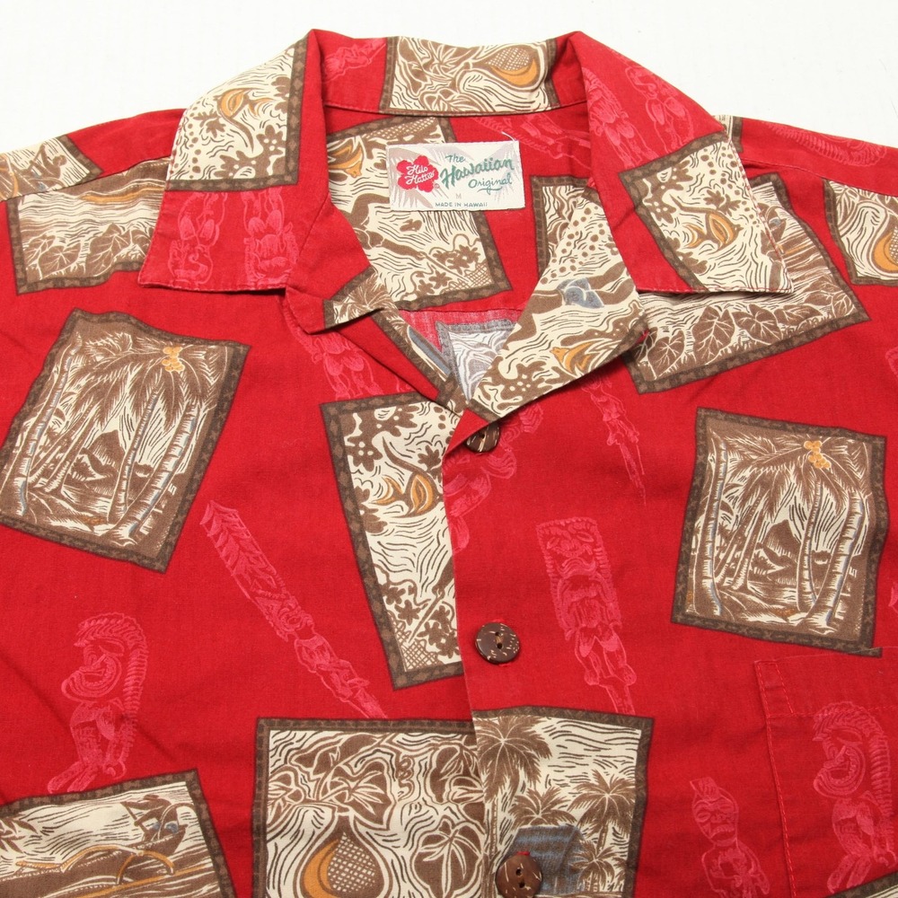 Hilo Hattie Hawaiian Shirt Mens Medium Red Brown Aloha Print Button Up Cotton
